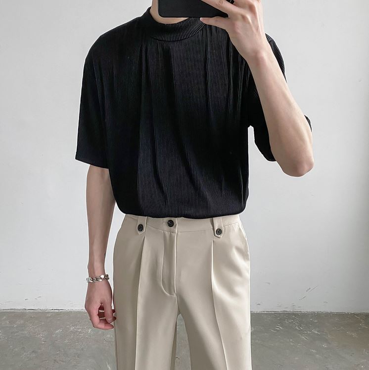 RT No. 4442 PLEATED HALF TURTLENECK SHORT SLEEVE SHIRT