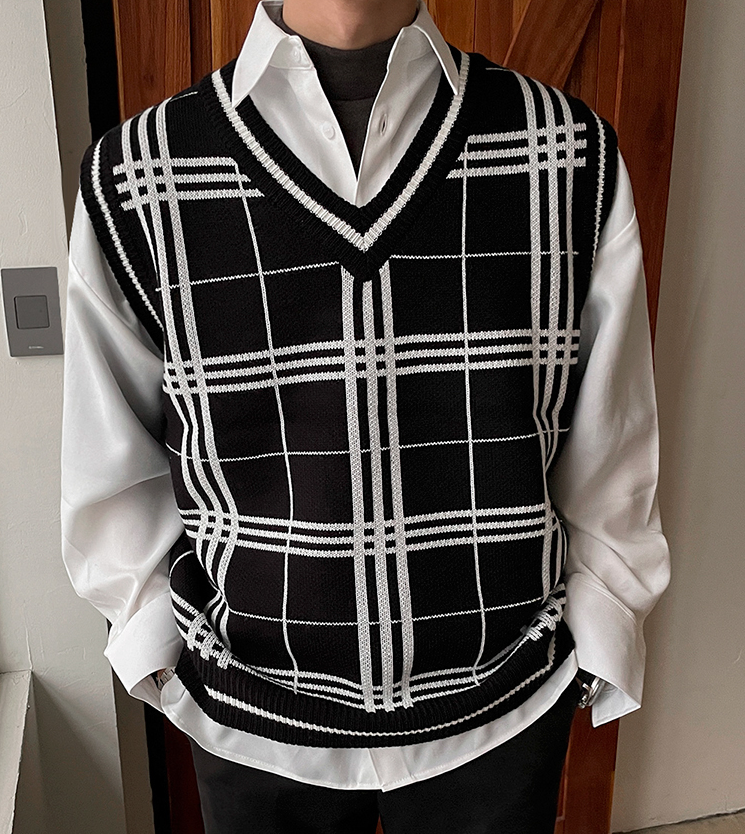 RT No. 3170 KNITTED PLAID V-NECK VEST