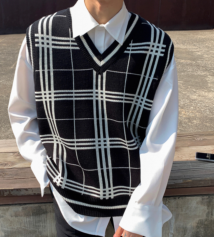 RT No. 3170 KNITTED PLAID V-NECK VEST