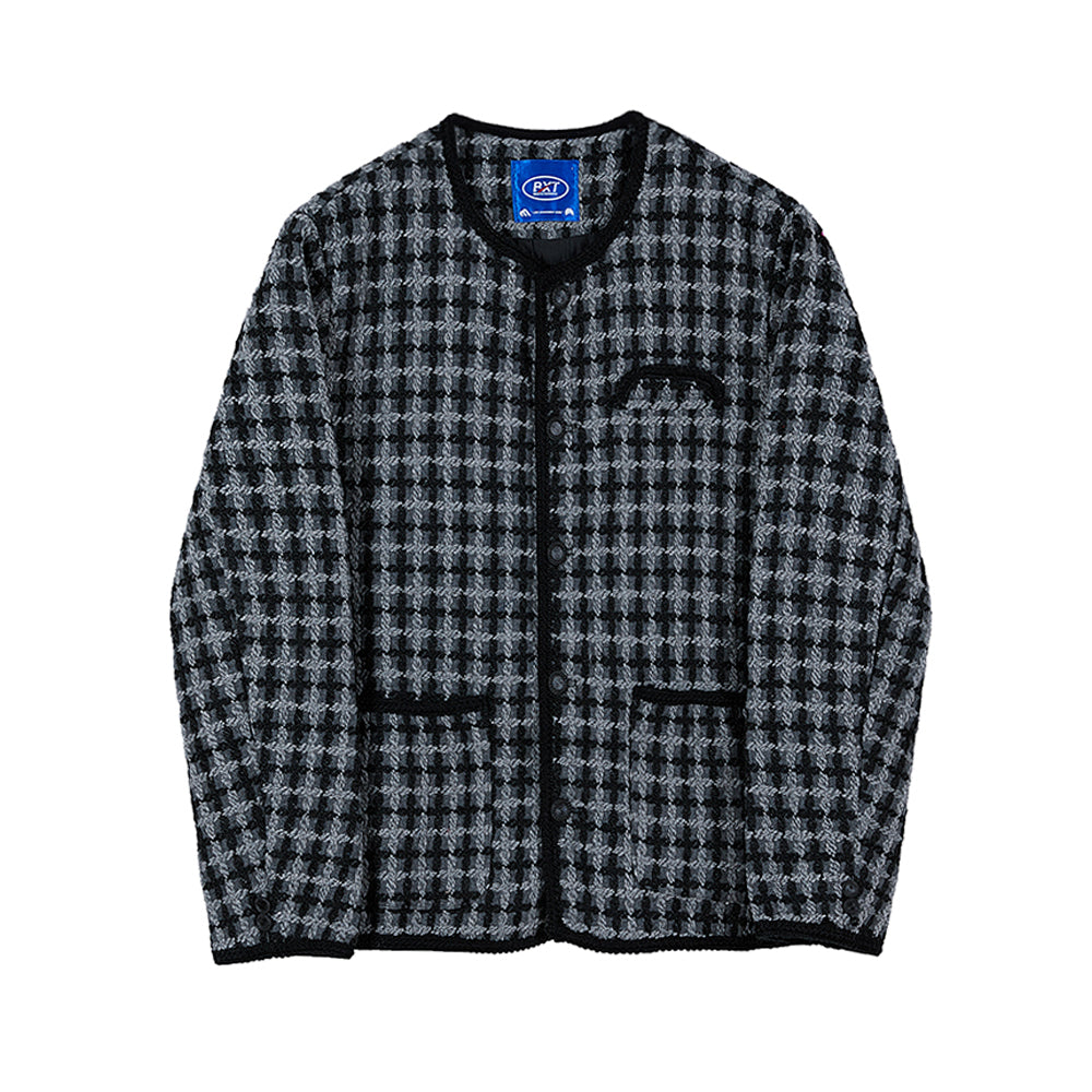 RT No. 3144 KNITTED PLAID COLLARLESS JK