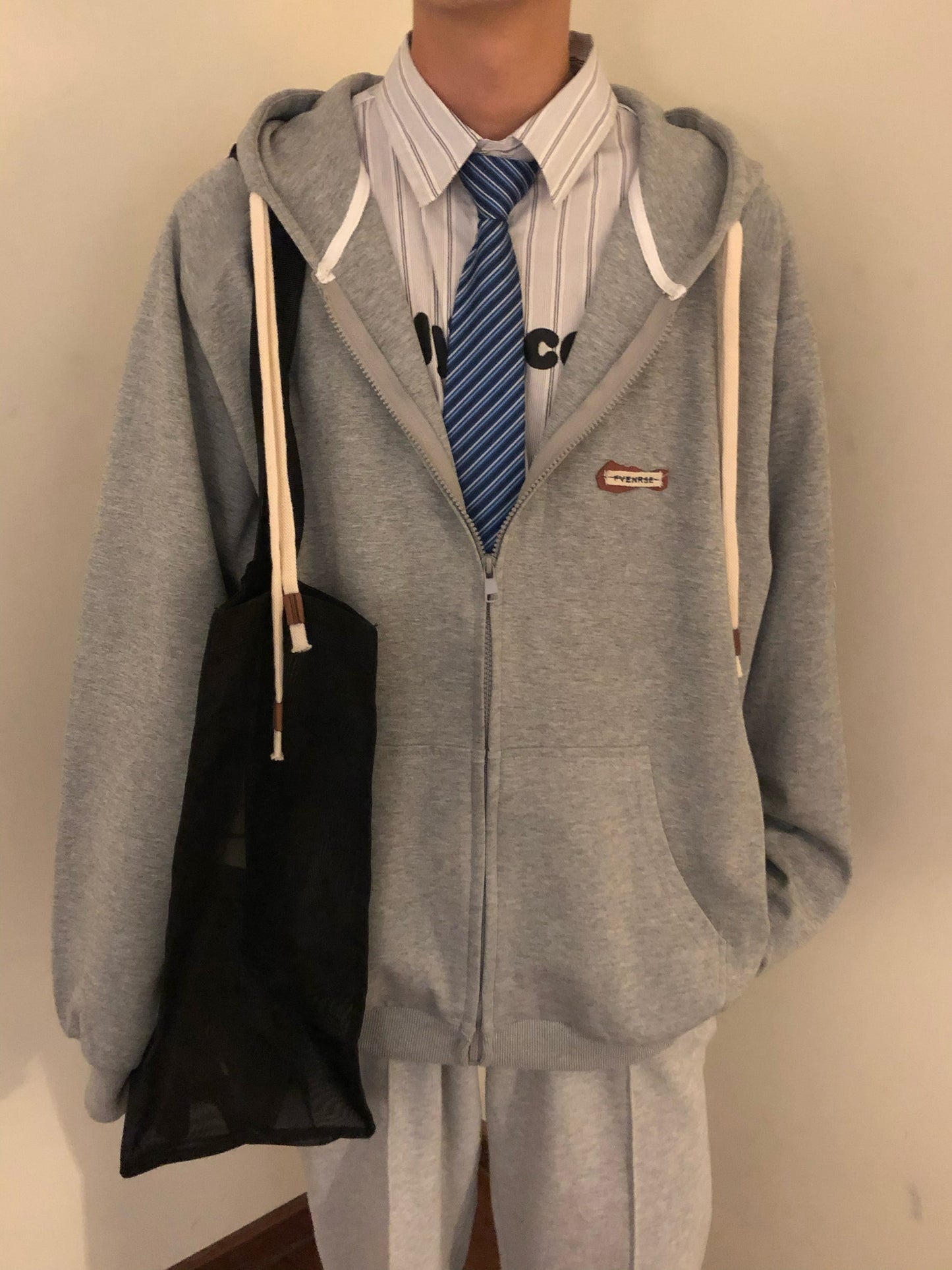 RT No. 5197 GRAY DOUBLE DRAWSTRING ZIP-UP HOODIE