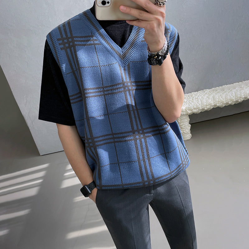 RT No. 3170 KNITTED PLAID V-NECK VEST