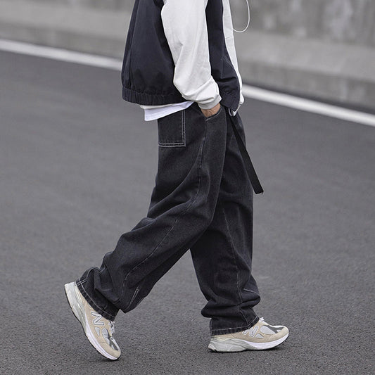 RT No. 5453 STITCHED DARK GRAY BAGGY WIDE CASUAL PANTS