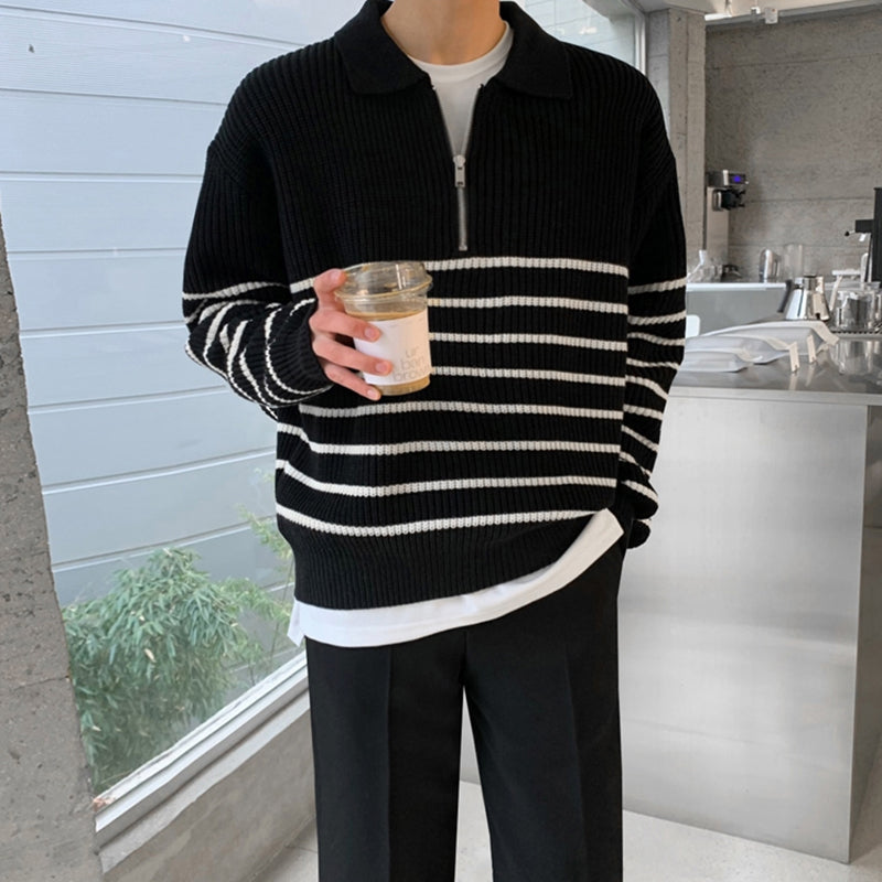 RT No. 5400 KNITTED BLACK STRIPED HALF-ZIP SWEATER